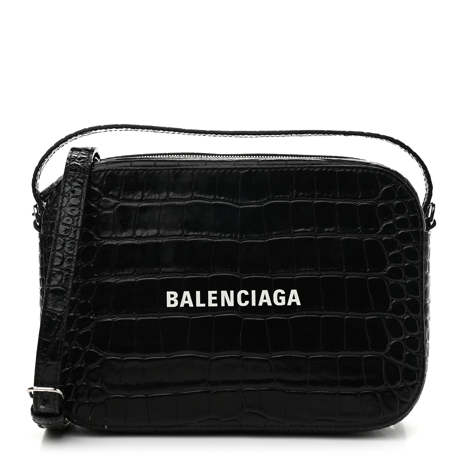 Balenciaga Shiny Calfskin Logo Crocodile Embossed S Everyday Camera Bag with Handle Black 1 of 9