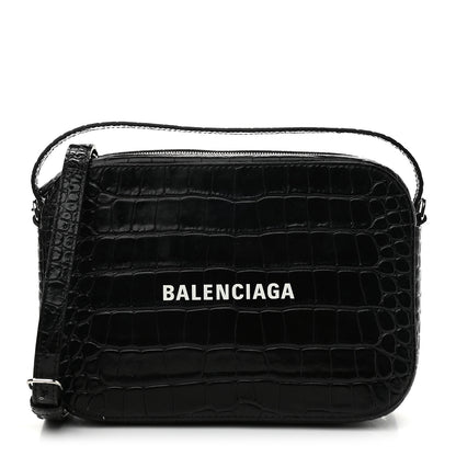 Balenciaga Shiny Calfskin Logo Crocodile Embossed S Everyday Camera Bag with Handle Black 1 of 9