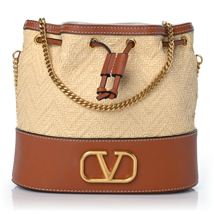 Valentino Garavani Raffia Calfskin Vlogo Drawstring Shoulder Bag Naturale Saddle Brown 1 of 8