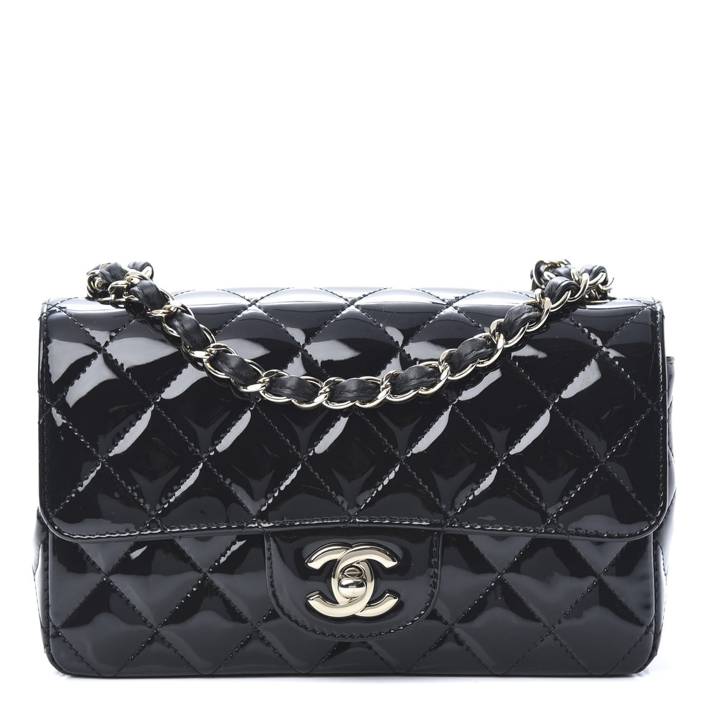Patent Calfskin Quilted Mini Rectangular Flap Black