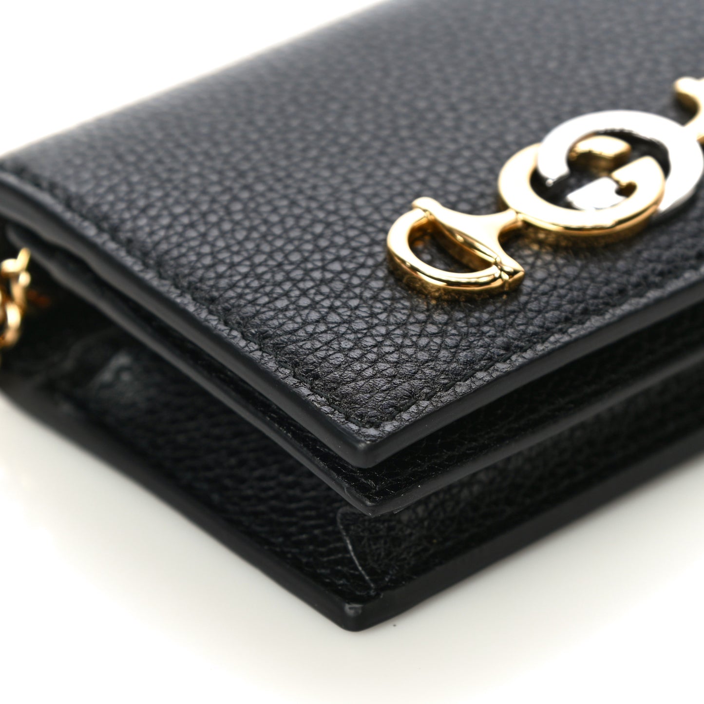 Grainy Calfskin Zumi Chain Card Case Wallet Black