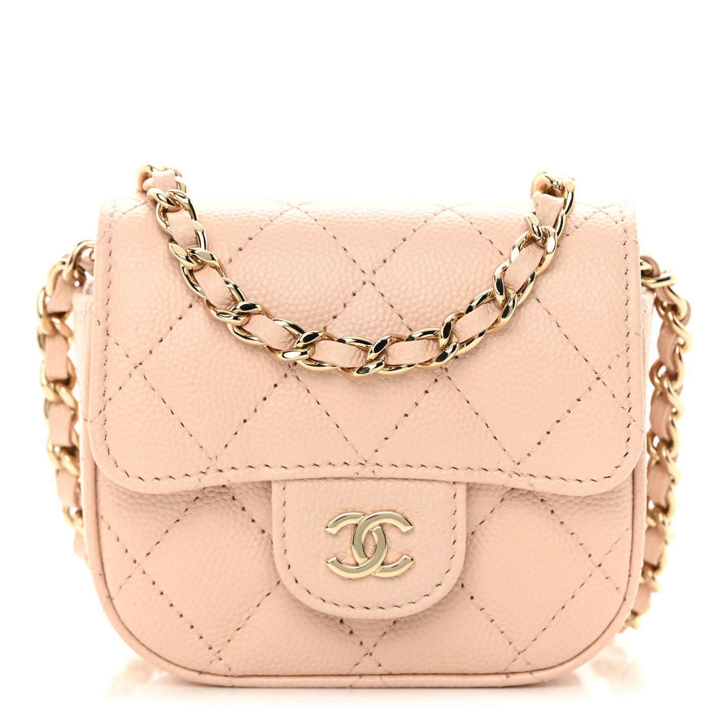 Caviar Quilted Mini Clutch With Chain Light Beige