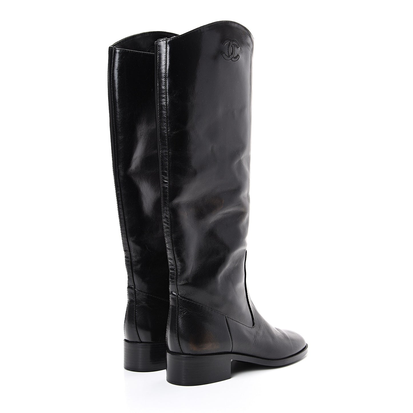 Glazed Calfskin CC High Boots 37 Black