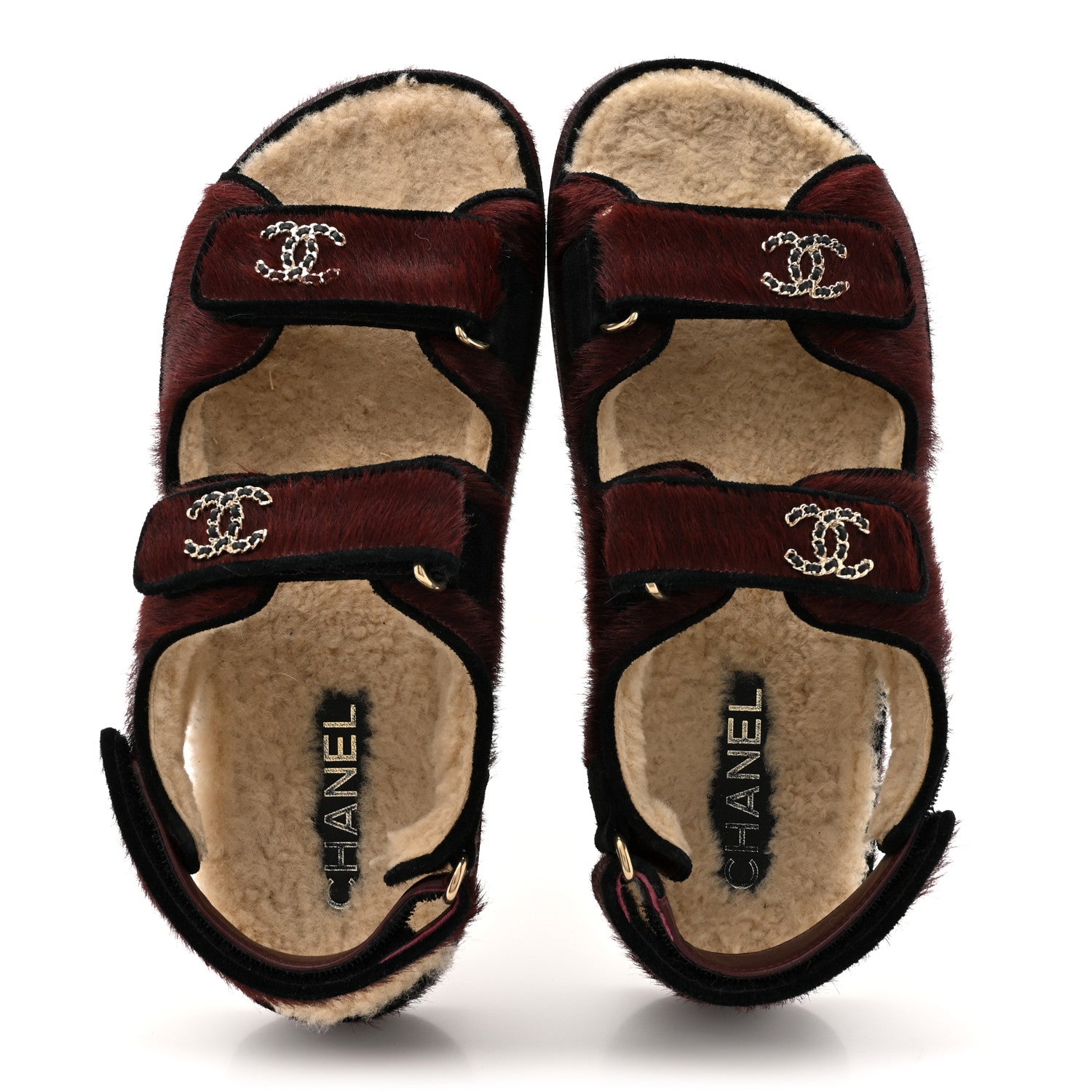 Chanel Calf Hair Suede Shearling Dad Sandals 38 Burgundy Black 2 of 11