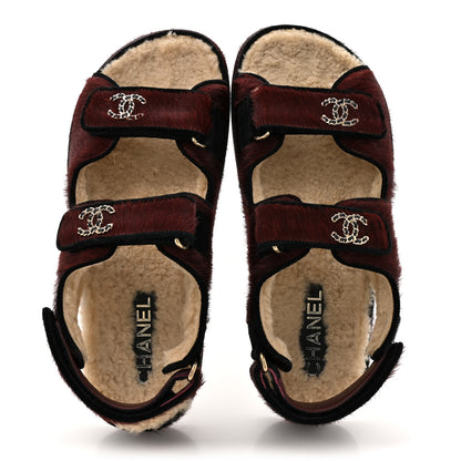 Chanel Calf Hair Suede Shearling Dad Sandals 38 Burgundy Black 2 of 11