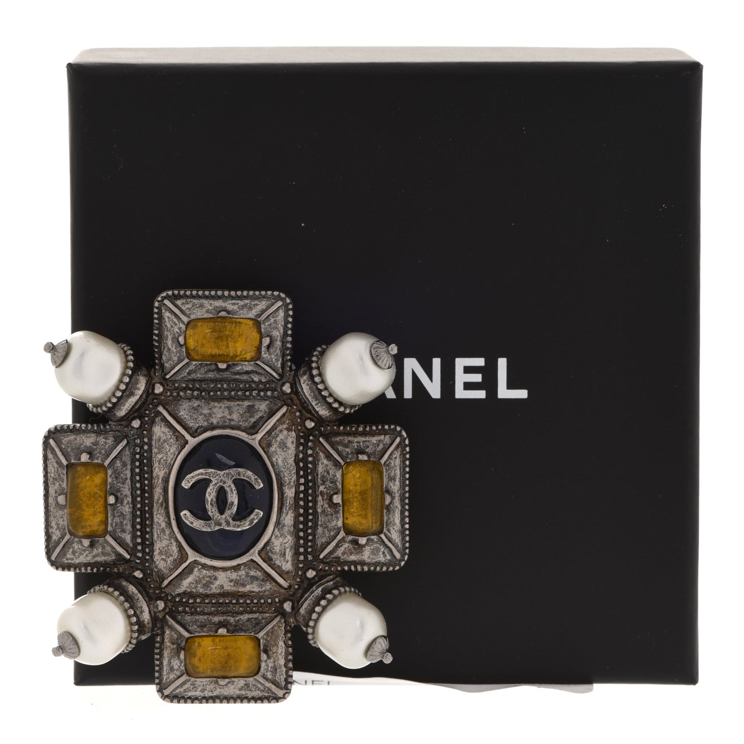 Metal Resin Gripoix Pearl CC Brooch Multicolor