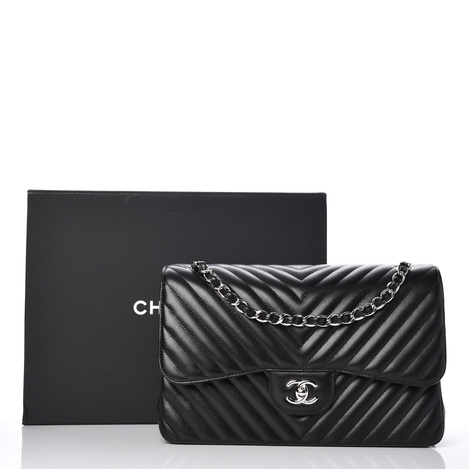 Chanel Metallic Caviar Chevron Quilted Jumbo Double Flap Black 8 of 8