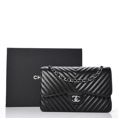 Chanel Metallic Caviar Chevron Quilted Jumbo Double Flap Black 8 of 8