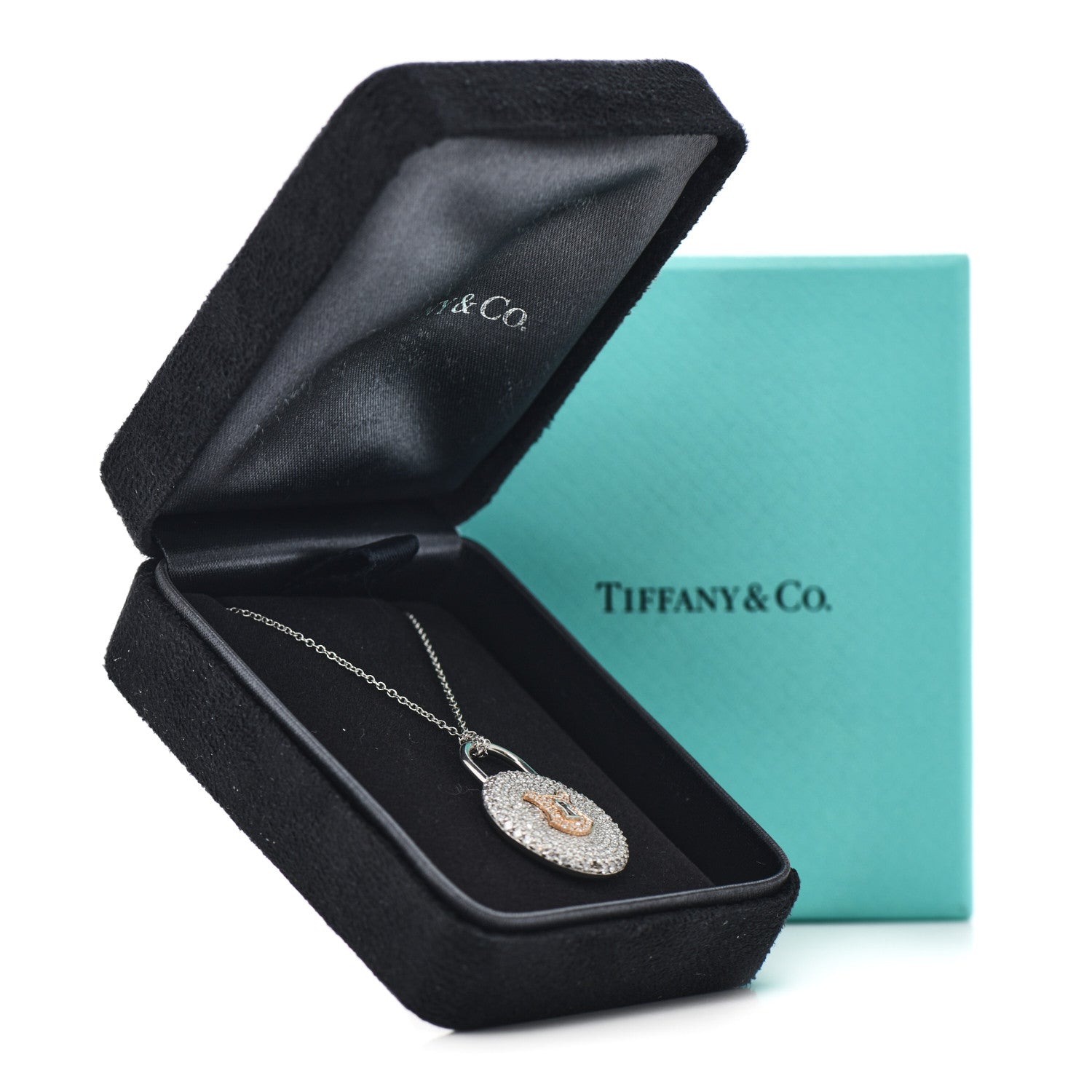 Tiffany Platinum 18K Rose Gold Diamond Vintage Lock Pendant Necklace 8 of 8