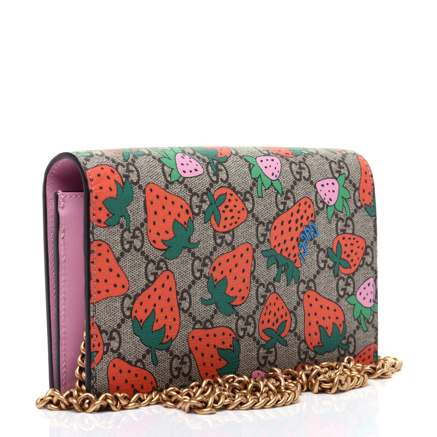 GG Supreme Monogram Strawberry Chain Wallet
