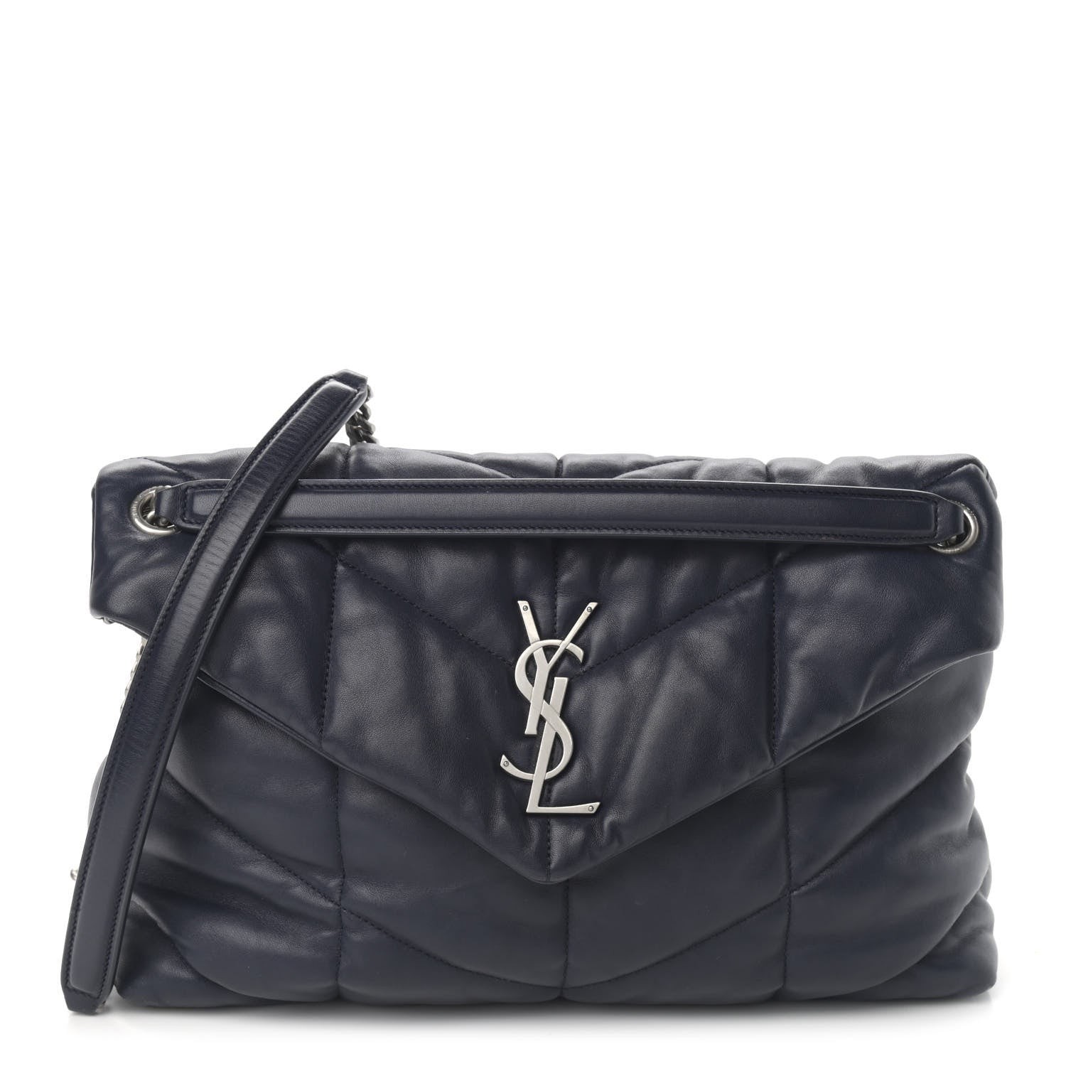Saint Laurent Lambskin Quilted Medium Loulou Puffer Monogram Chain Satchel Navy 1 of 12