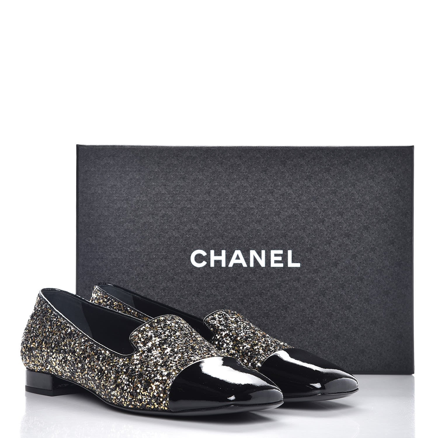 Chanel Glitter Fabric Patent Calfskin Mocassin Loafers 41 Black Bronze 9 of 9