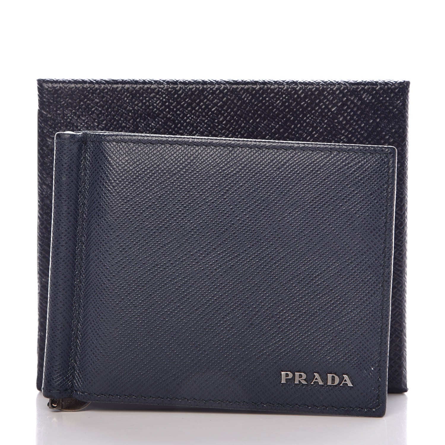 Prada Saffiano Bi-Color Money Clip Bi-Fold Wallet Baltico Black 7 of 7