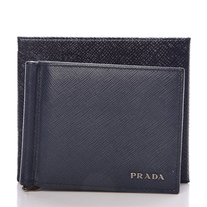 Prada Saffiano Bi-Color Money Clip Bi-Fold Wallet Baltico Black 7 of 7