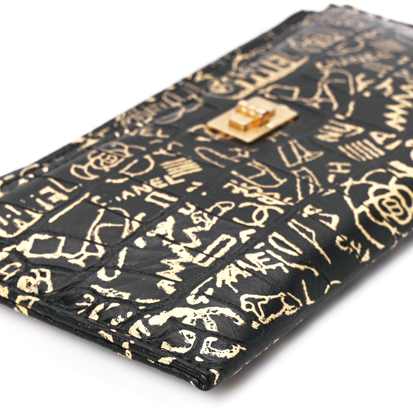 Calfskin Crocodile Embossed Graffiti 2.55 Cocodile Reissue Zip Pouch Black Gold