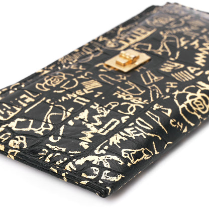 Chanel Calfskin Crocodile Embossed Graffiti 2.55 Cocodile Reissue Zip Pouch Black Gold 11 of 12