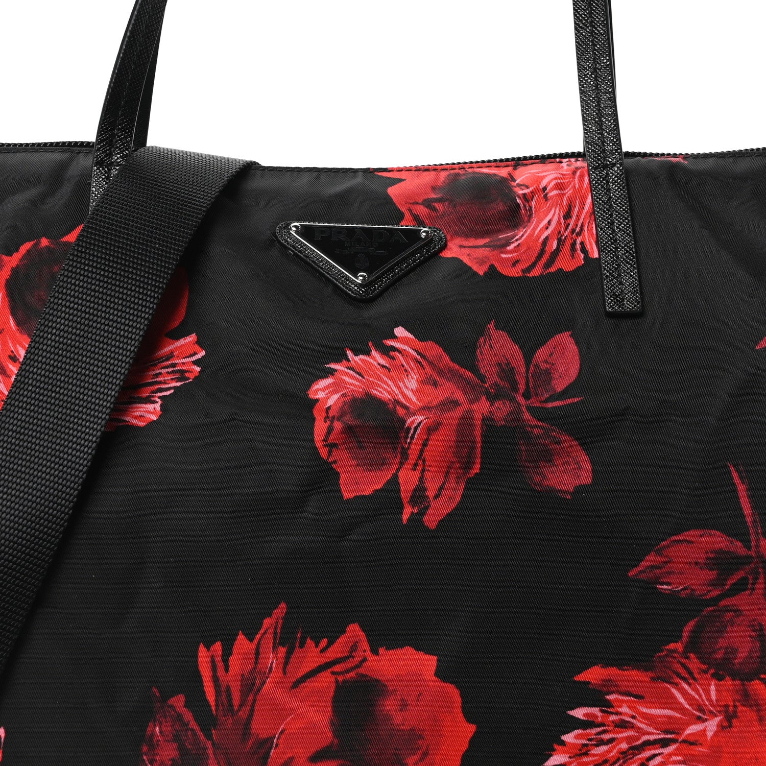 Prada Tessuto Nylon Saffiano Rose Print Tote Black Rosso 7 of 9