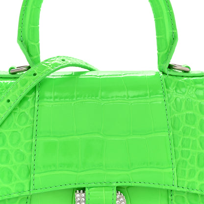 Balenciaga Shiny Calfskin Strass Crocodile Embossed Hourglass Top Handle Bag XS Fluo Green 8 of 14