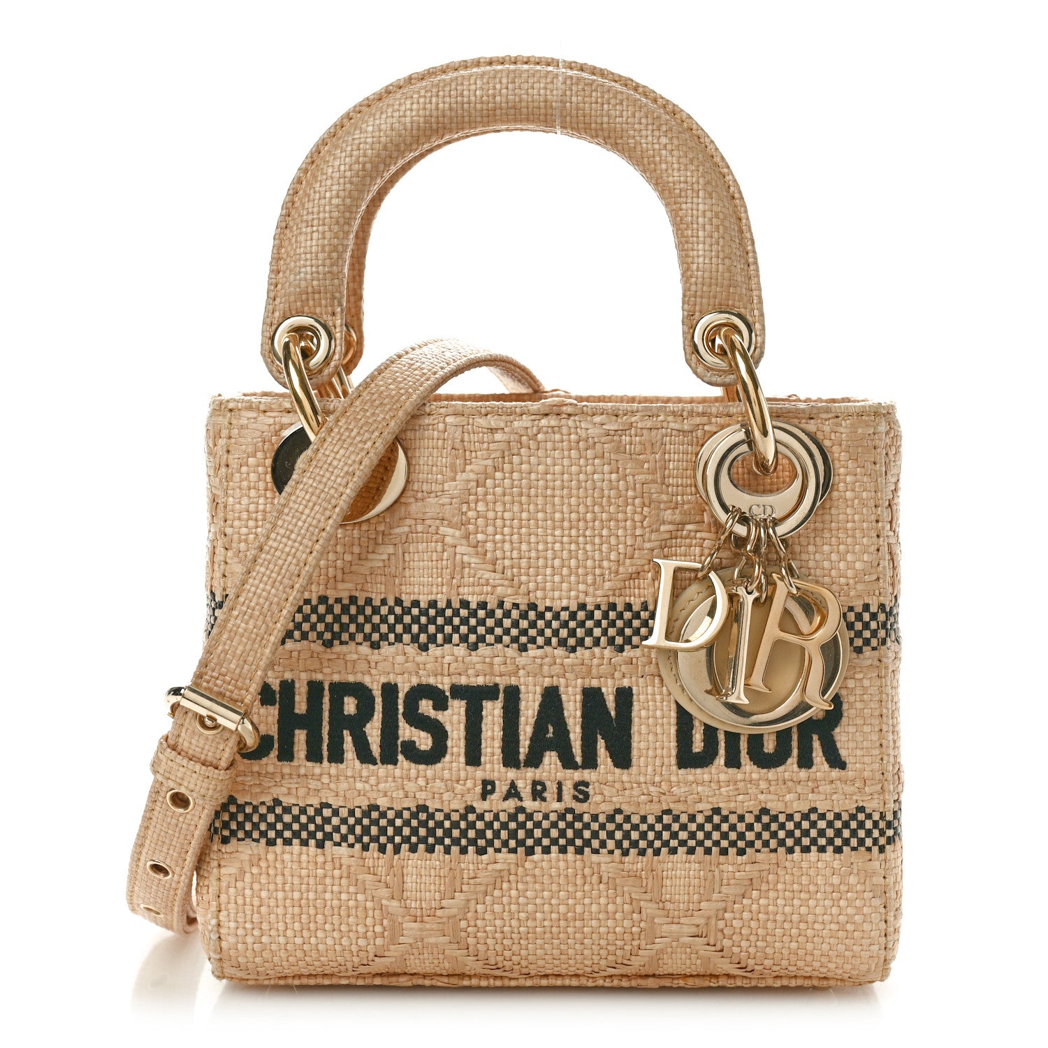 Christian Dior Raffia Woven Cannage Embroidered Mini Lady D-Lite Natural Black 1 of 9