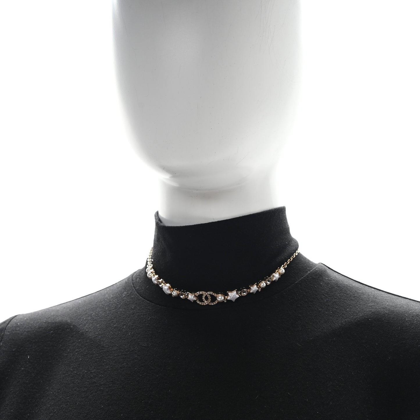 Pearl Crystal CC Star Choker Necklace Gold Pearly White