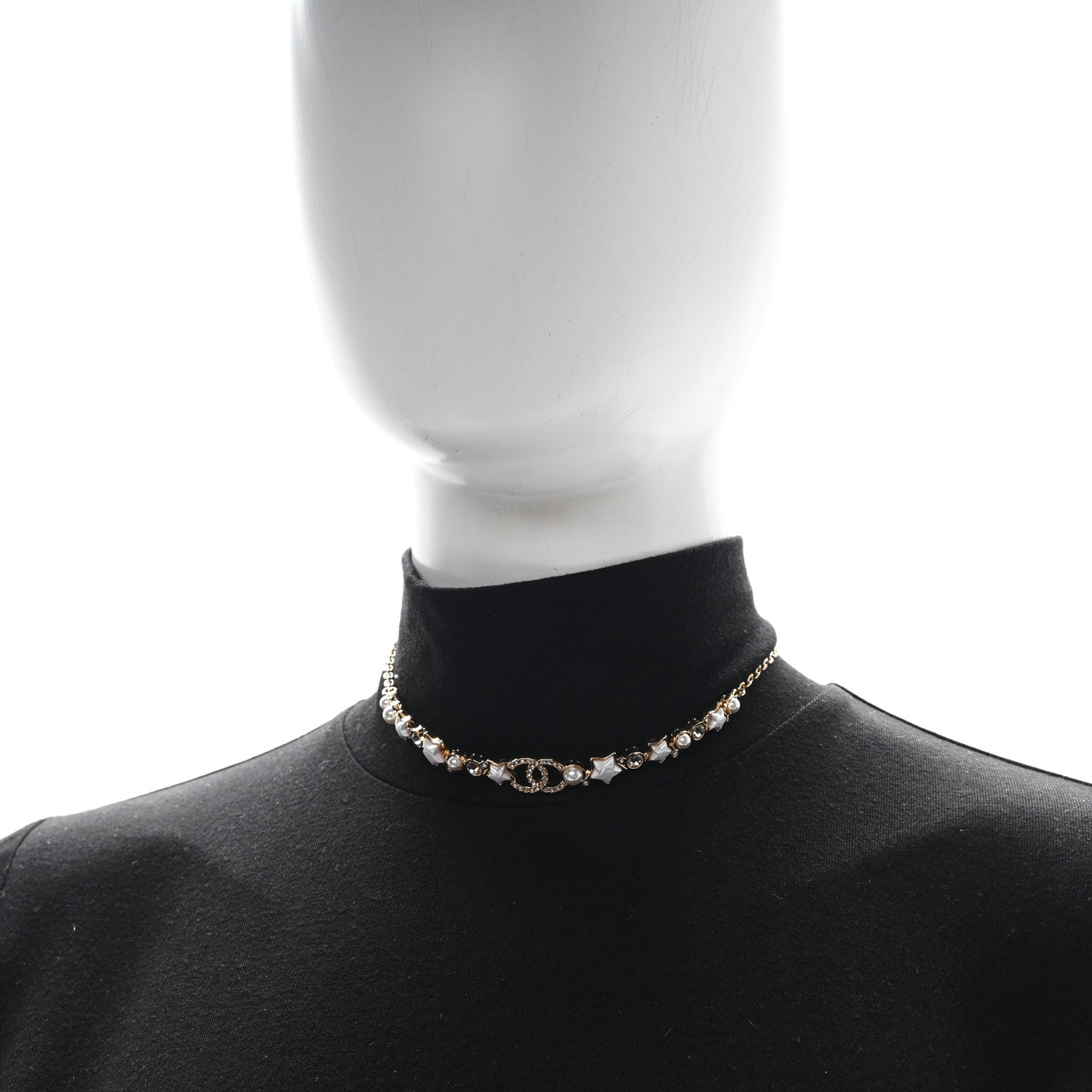 Chanel Pearl Crystal CC Star Choker Necklace Gold Pearly White 2 of 4
