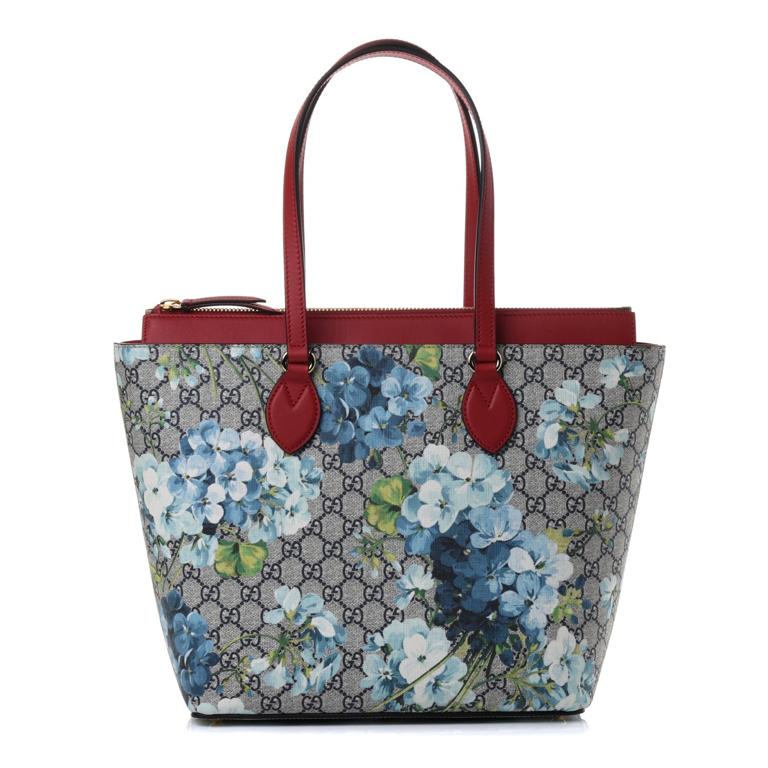 Gucci GG Supreme Monogram Blooms Medium Zippered Bucket Tote Beige Blue Navy Hibiscus Red 1 of 4