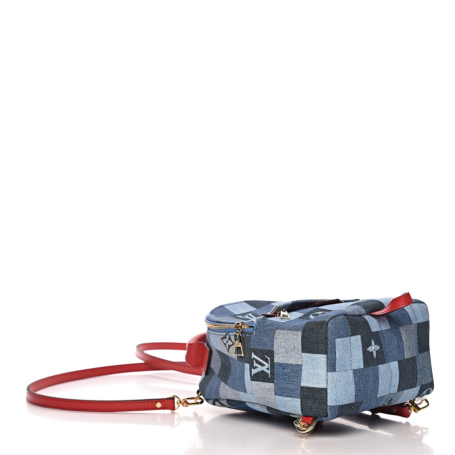 Denim Damier Monogram Patchwork Palm Springs Backpack Mini Blue Rouge