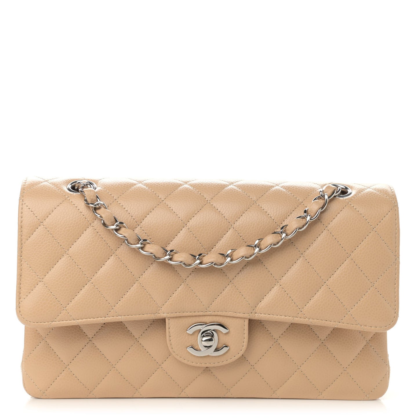 Caviar Quilted Medium Double Flap Beige