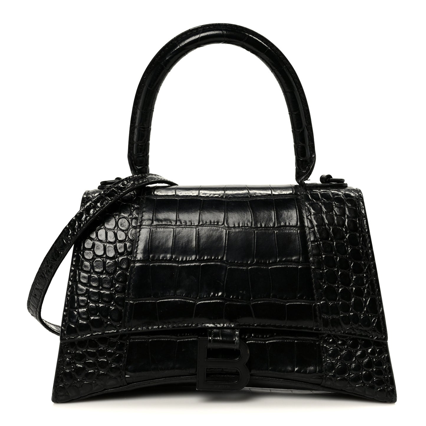 Shiny Calfskin Monochrome Crocodile Embossed Small Hourglass Top Handle Bag Black