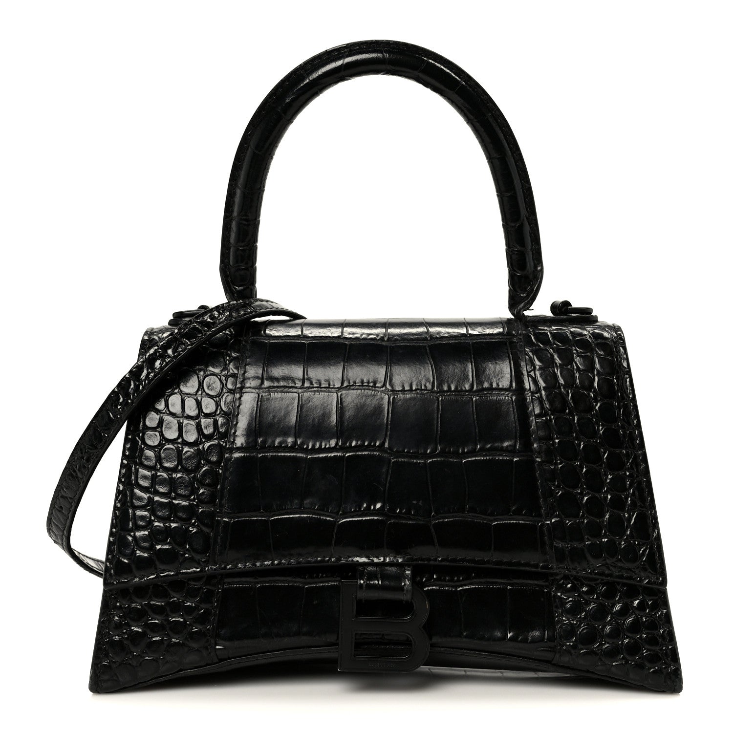 Balenciaga Shiny Calfskin Monochrome Crocodile Embossed Small Hourglass Top Handle Bag Black 1 of 14
