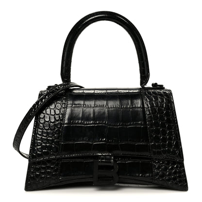 Balenciaga Shiny Calfskin Monochrome Crocodile Embossed Small Hourglass Top Handle Bag Black 1 of 14