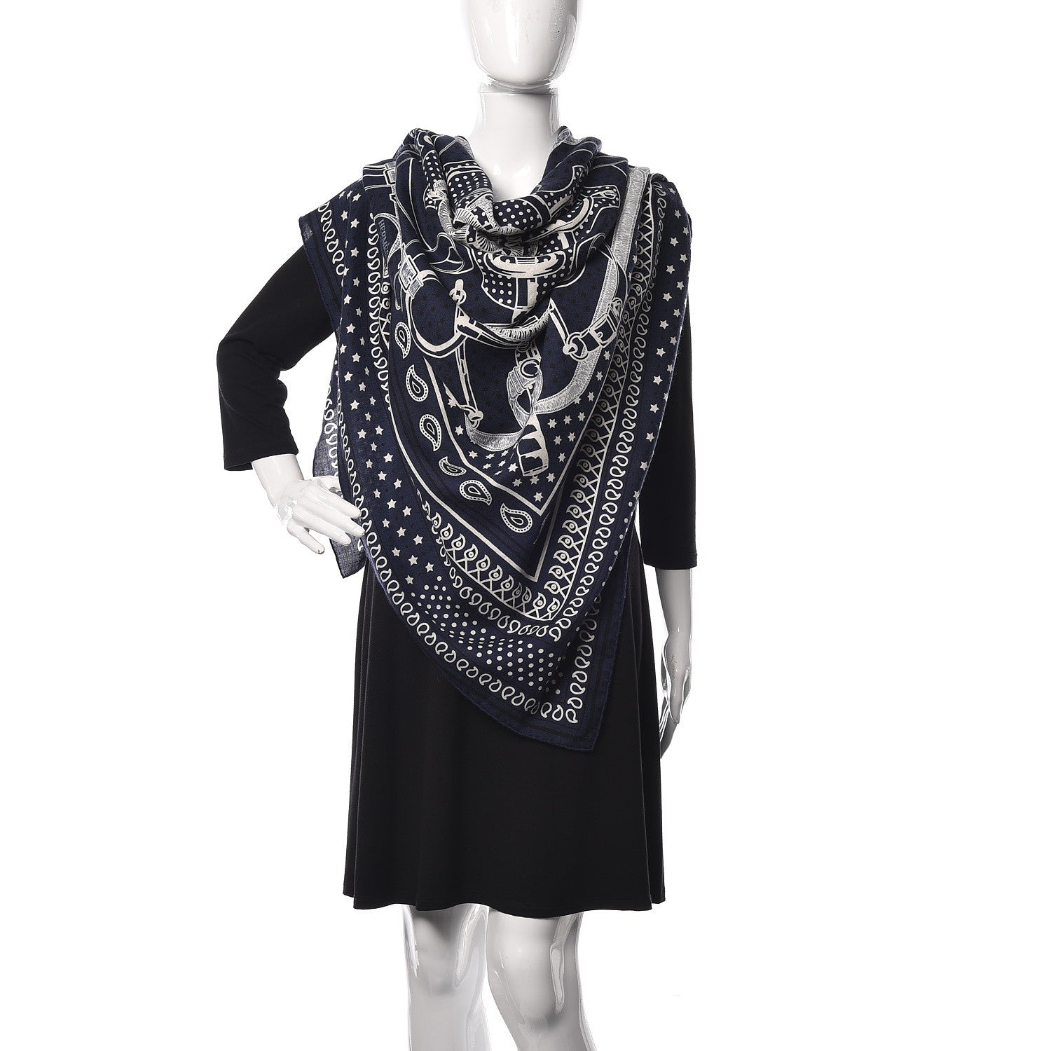 Hermes Cashmere Silk Eperon D'Or Shawl 140 Marine Blanc Noir 2 of 5