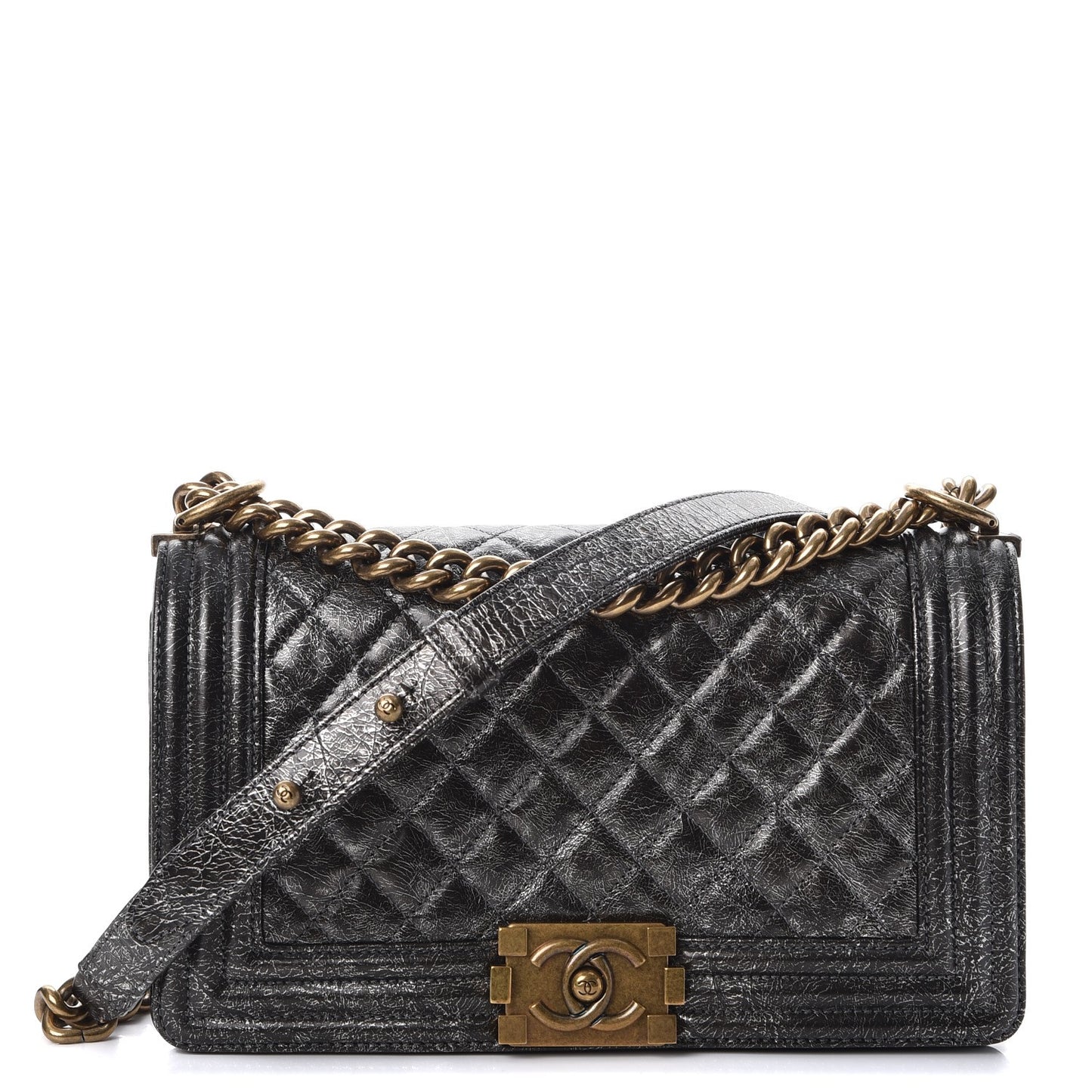 Cracked Metallic Calfskin Quilted Medium Boy Flap Dark Silver