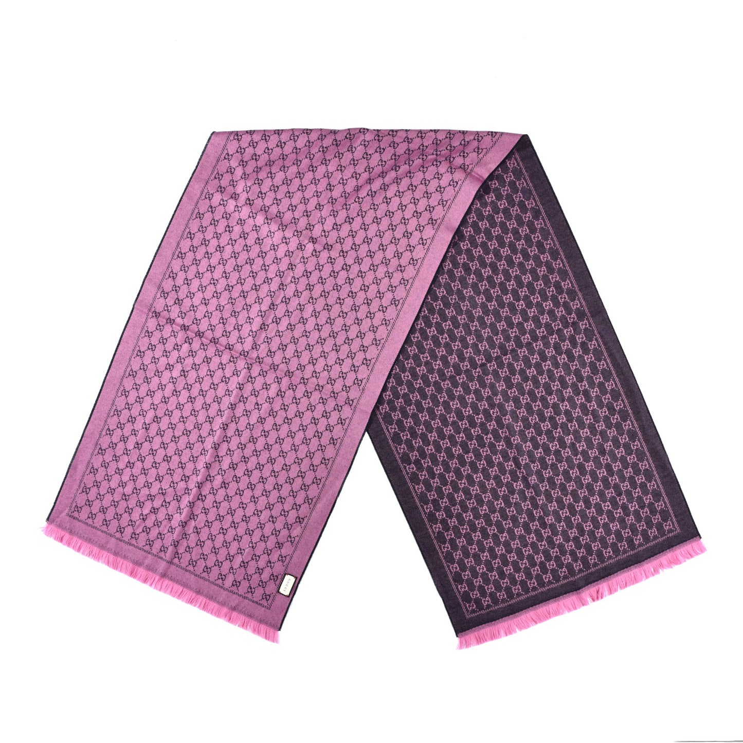 Wool GG Monogram Reversible New Sten Fringe Scarf Midnight Blue Pink