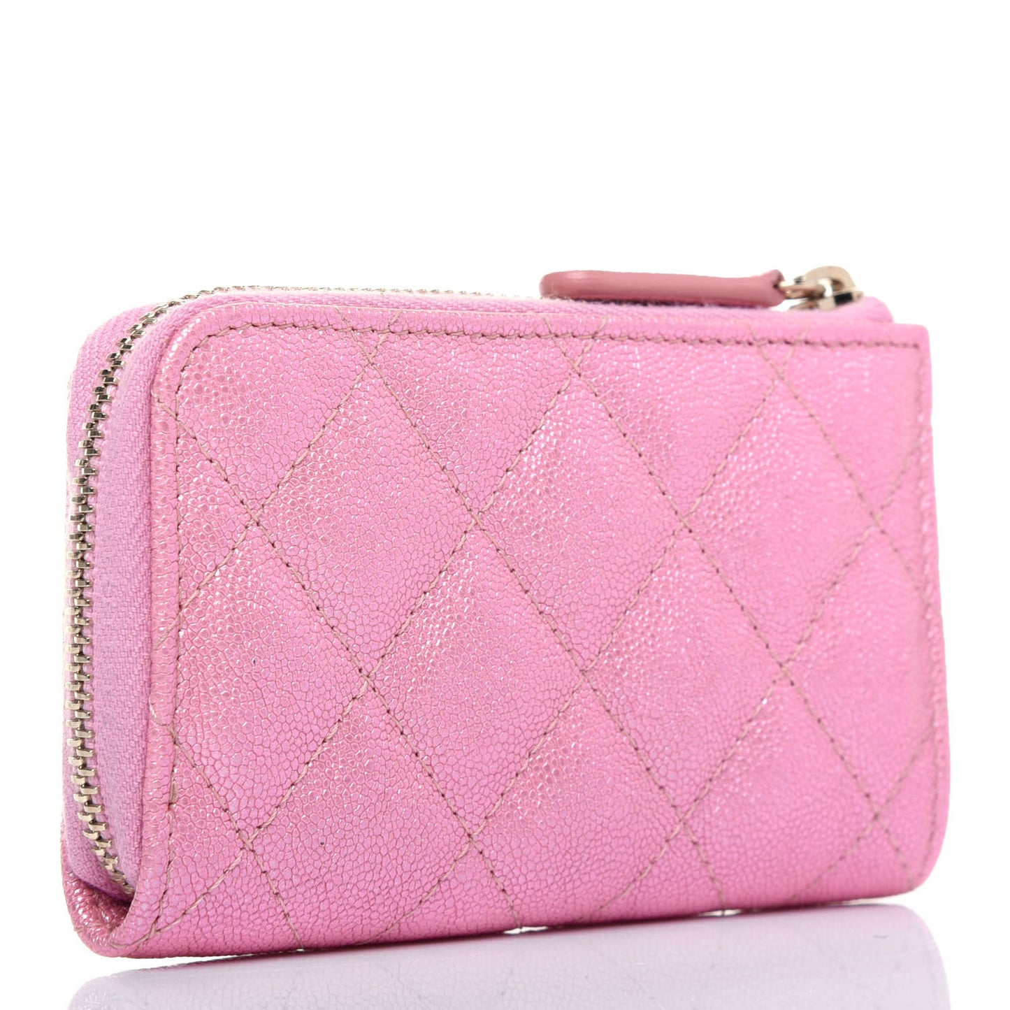 Iridescent Caviar Quilted Zipped Key Holder Case Rose Pink