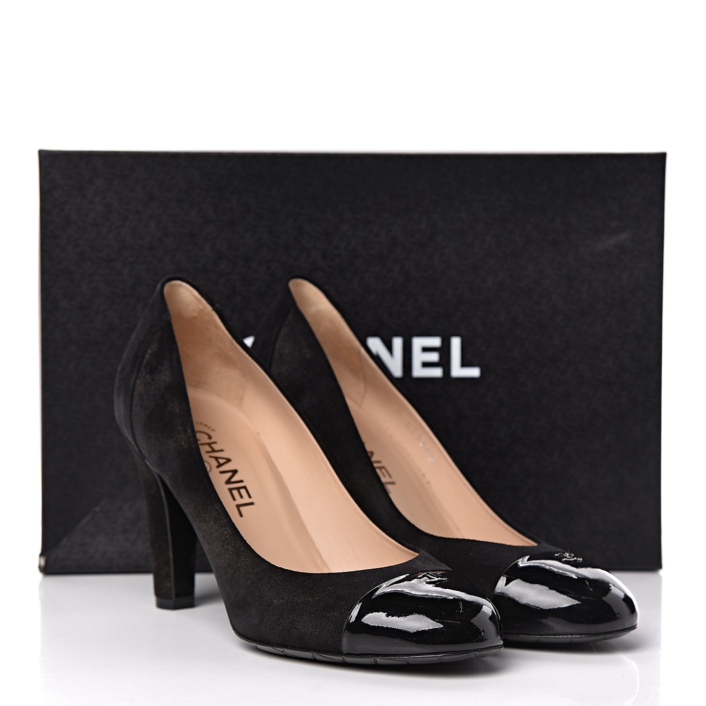 Suede Patent Calfskin Cap Toe CC Pumps 38 Black