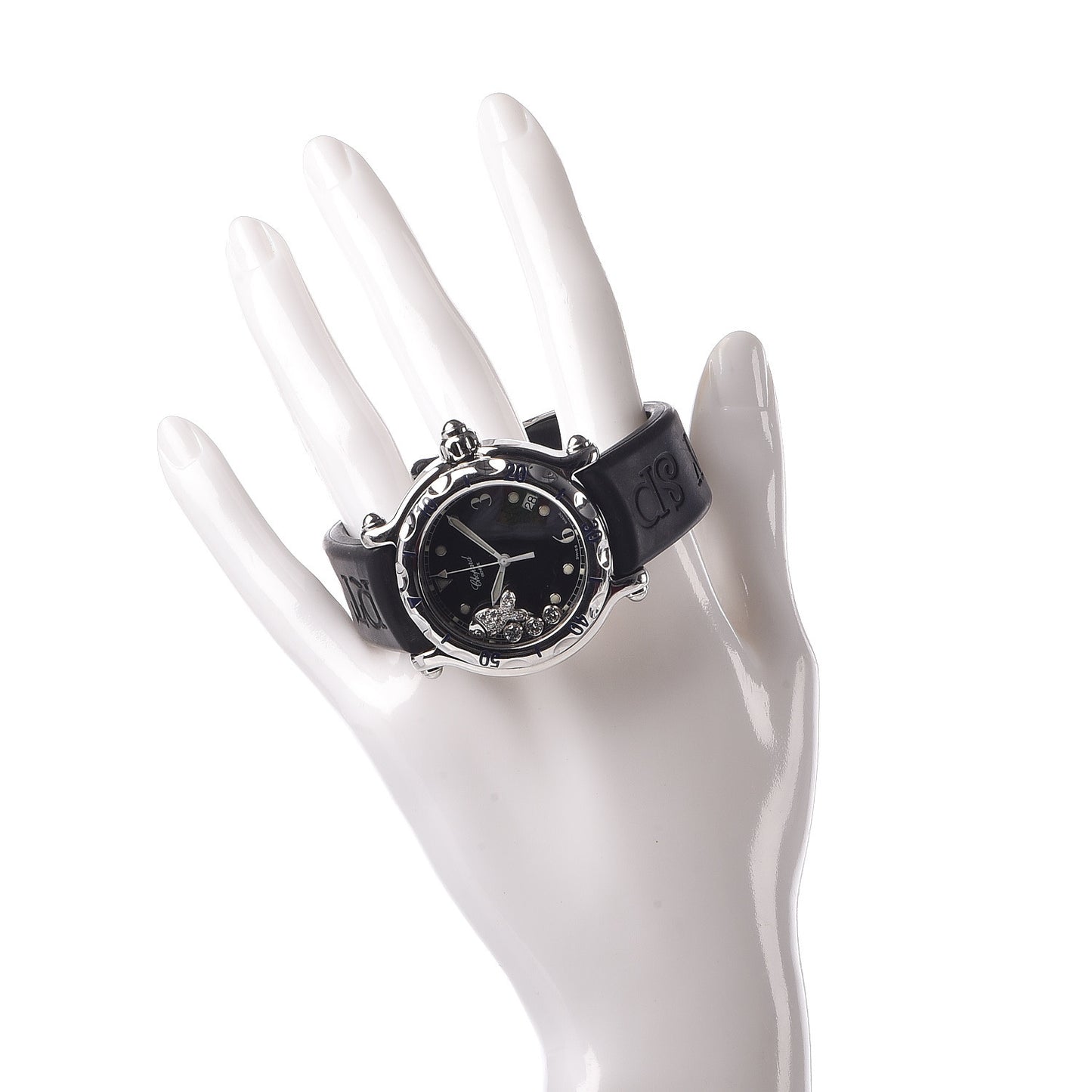 Stainless Steel Rubber Diamond 38mm Happy Sport Fish Quartz Watch Black