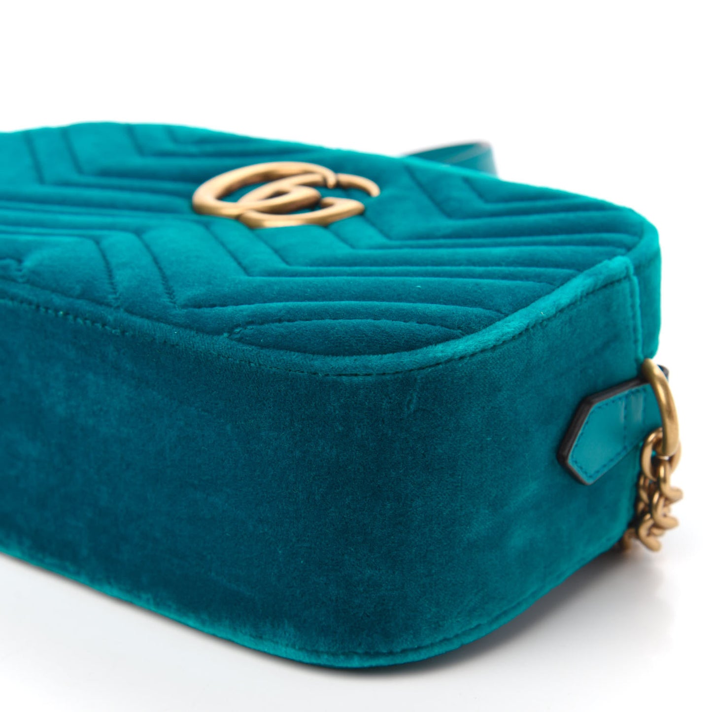 Velvet Matelasse Small GG Marmont Chain Shoulder Bag Pavone Cyan