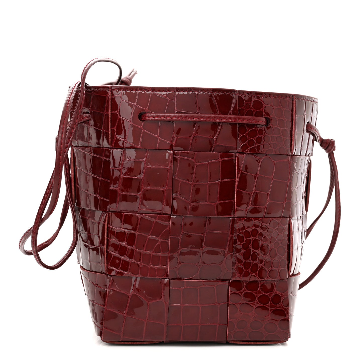 Gloss Calfskin Croc Embossed Intreccio Mini Cassette Crossbody Bucket Bag Cherry