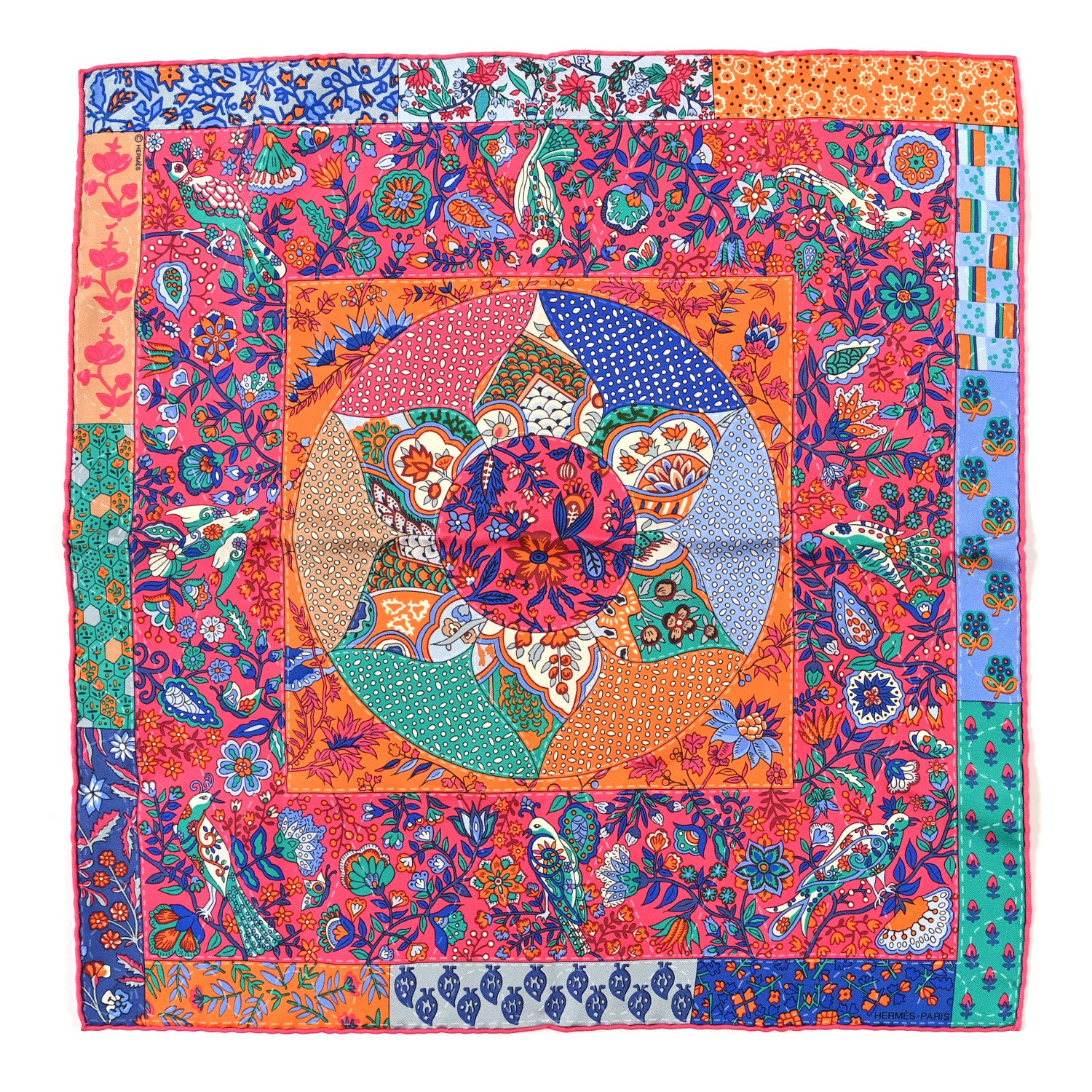 Hermes Silk Pique Fleuri De Provence Pocket Square 45 Scarf Rouge Orange Bleu 1 of 3