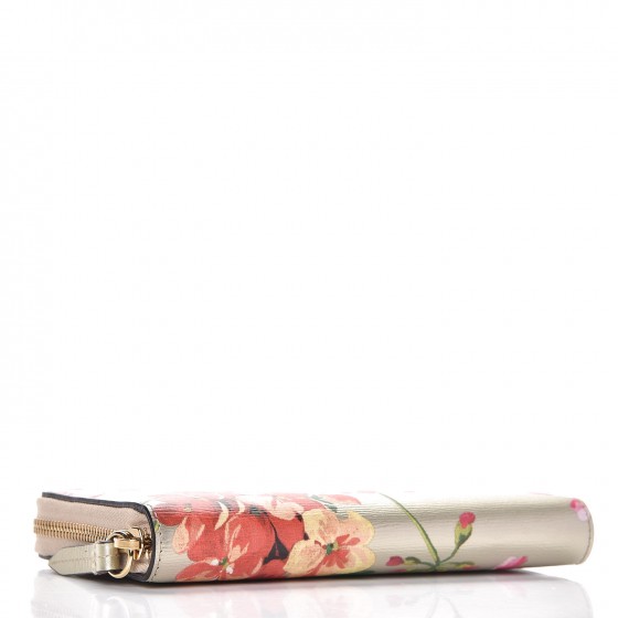 Metallic Shangai Calfskin Blooms Print Zip Around Wallet Gold Multicolor