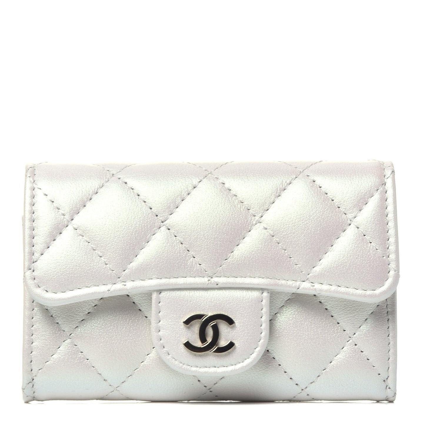 Iridescent Lambskin Quilted Flap Card Holder Wallet Ivory