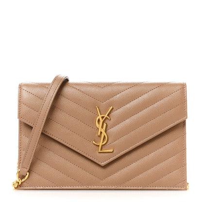 Saint Laurent Grain De Poudre Matelasse Chevron Monogram Envelope Chain Wallet Taupe 1 of 11