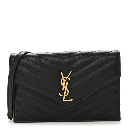 Saint Laurent Grain De Poudre Matelasse Chevron Monogram Envelope Chain Wallet Black 1 of 12