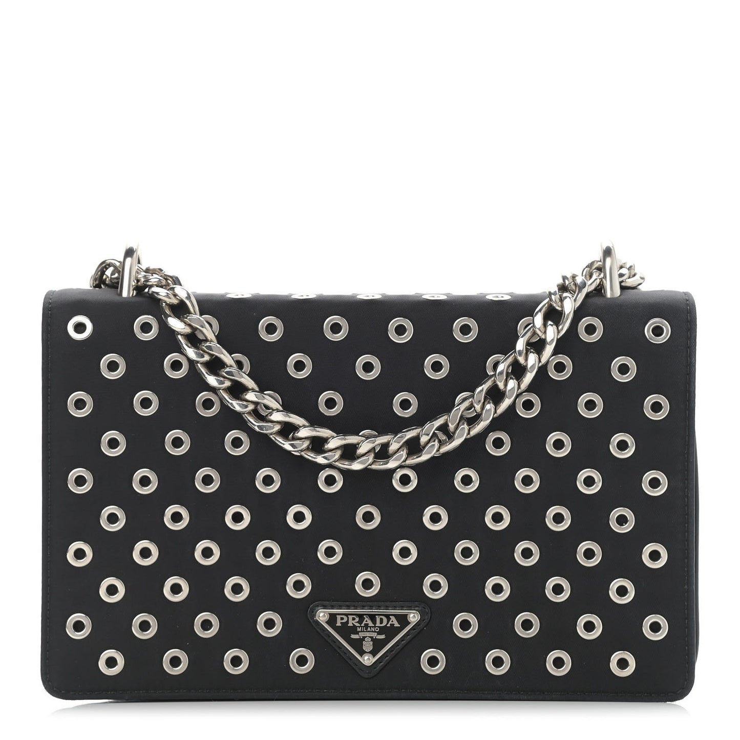 Tessuto Nylon Soft Calf Grommet Chain Shoulder Bag Nero Black