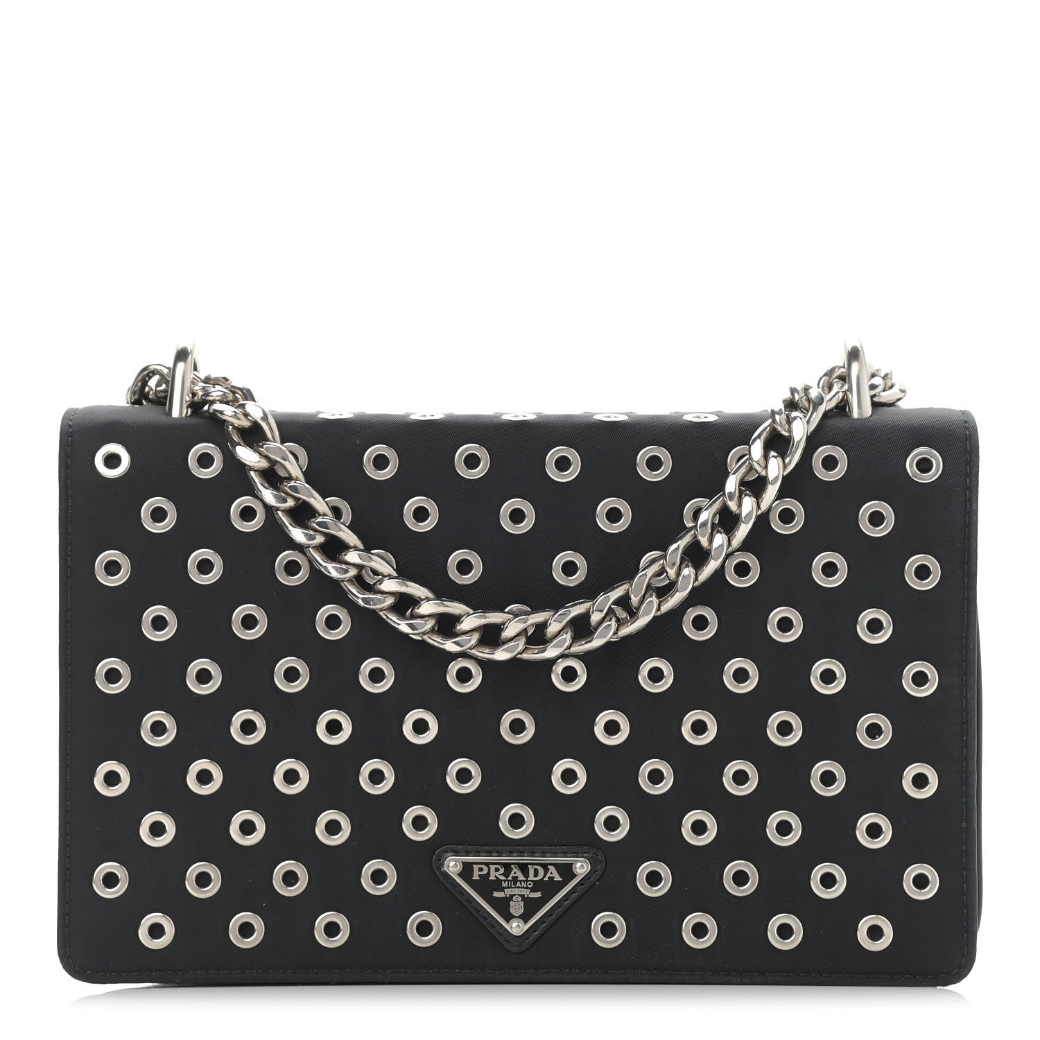 Prada Tessuto Nylon Soft Calf Grommet Chain Shoulder Bag Nero Black 1 of 11
