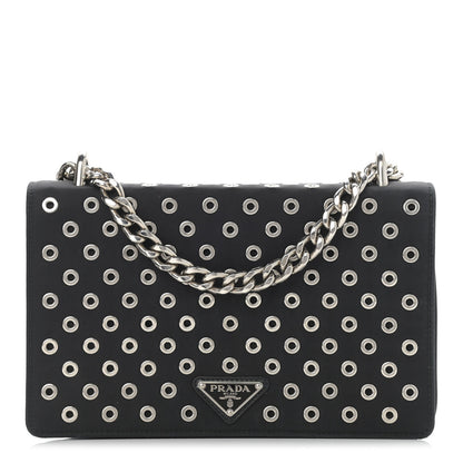 Prada Tessuto Nylon Soft Calf Grommet Chain Shoulder Bag Nero Black 1 of 11