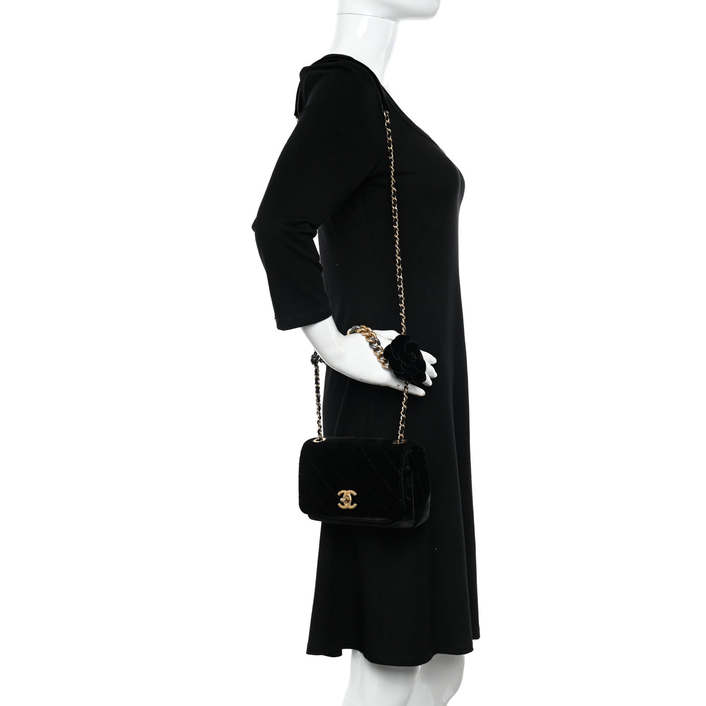 Velvet Quilted Small Camellia Flap Black