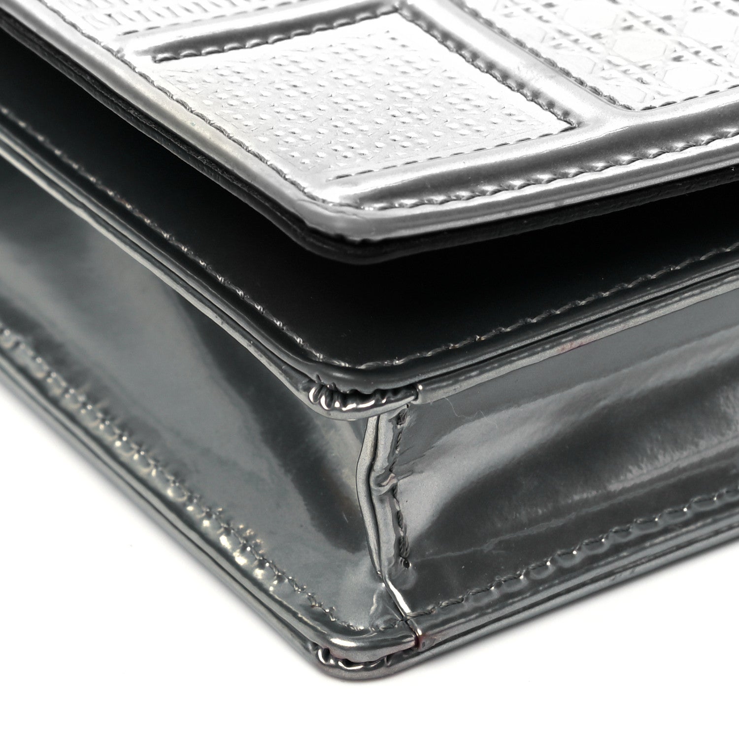 Christian Dior Metallic Patent Micro-Cannage Diorama Wallet on Chain Pouch Silver 7 of 9
