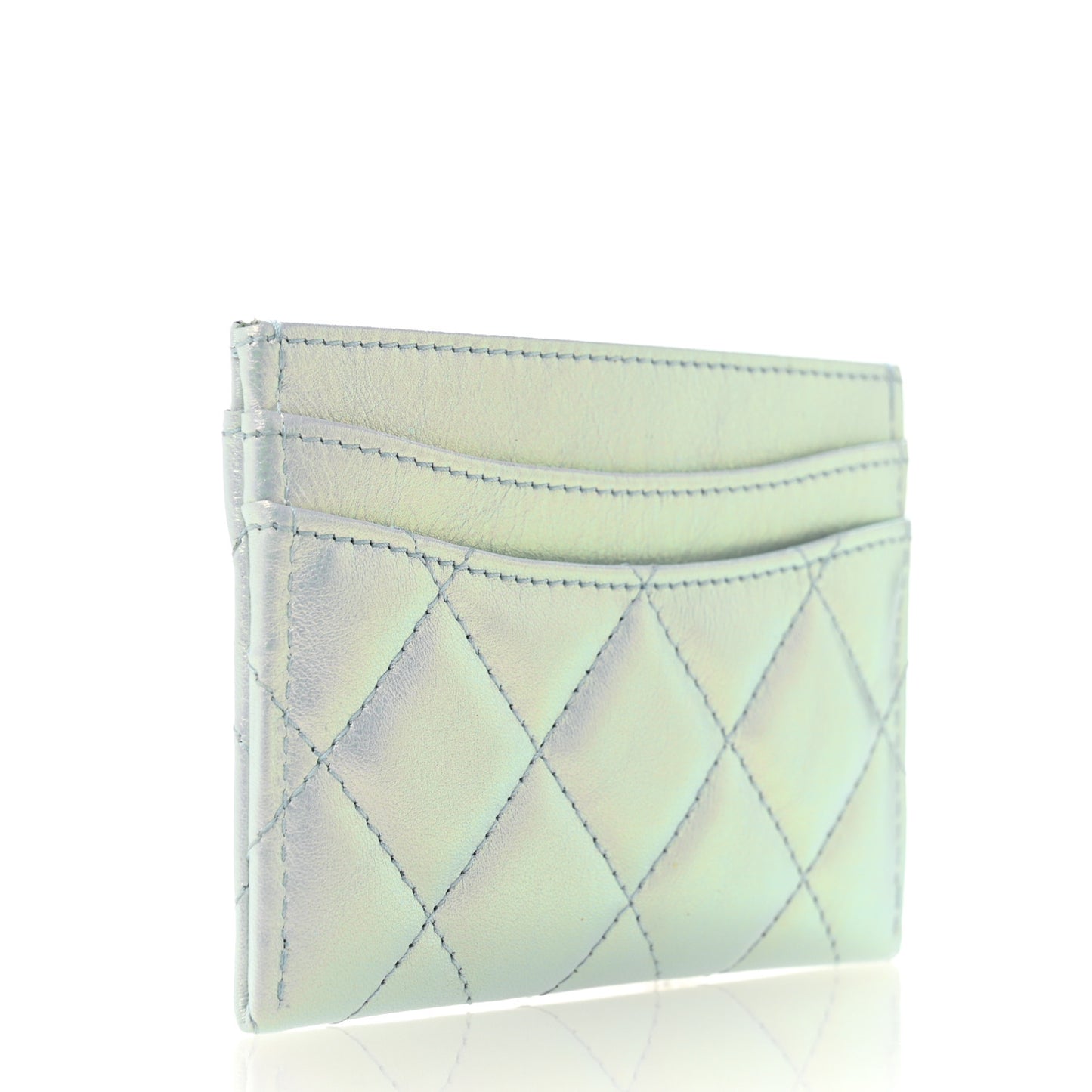 Iridescent Lambskin Quilted Card Holder Light Blue
